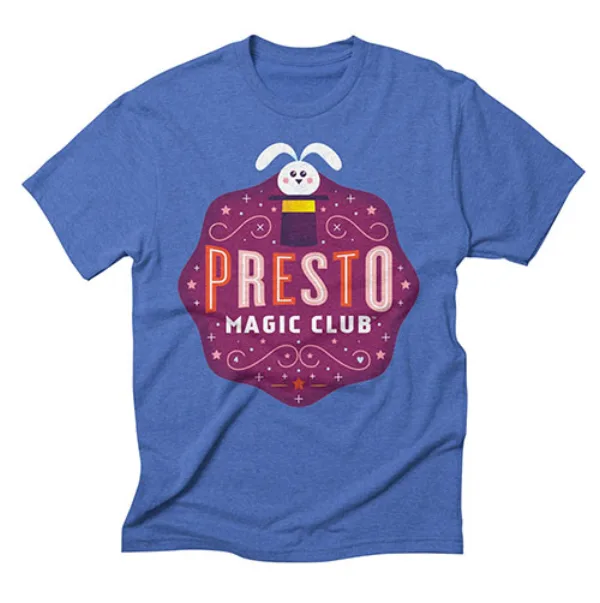 Blue kids' t-shirt printed with the Presto Magic Club logo